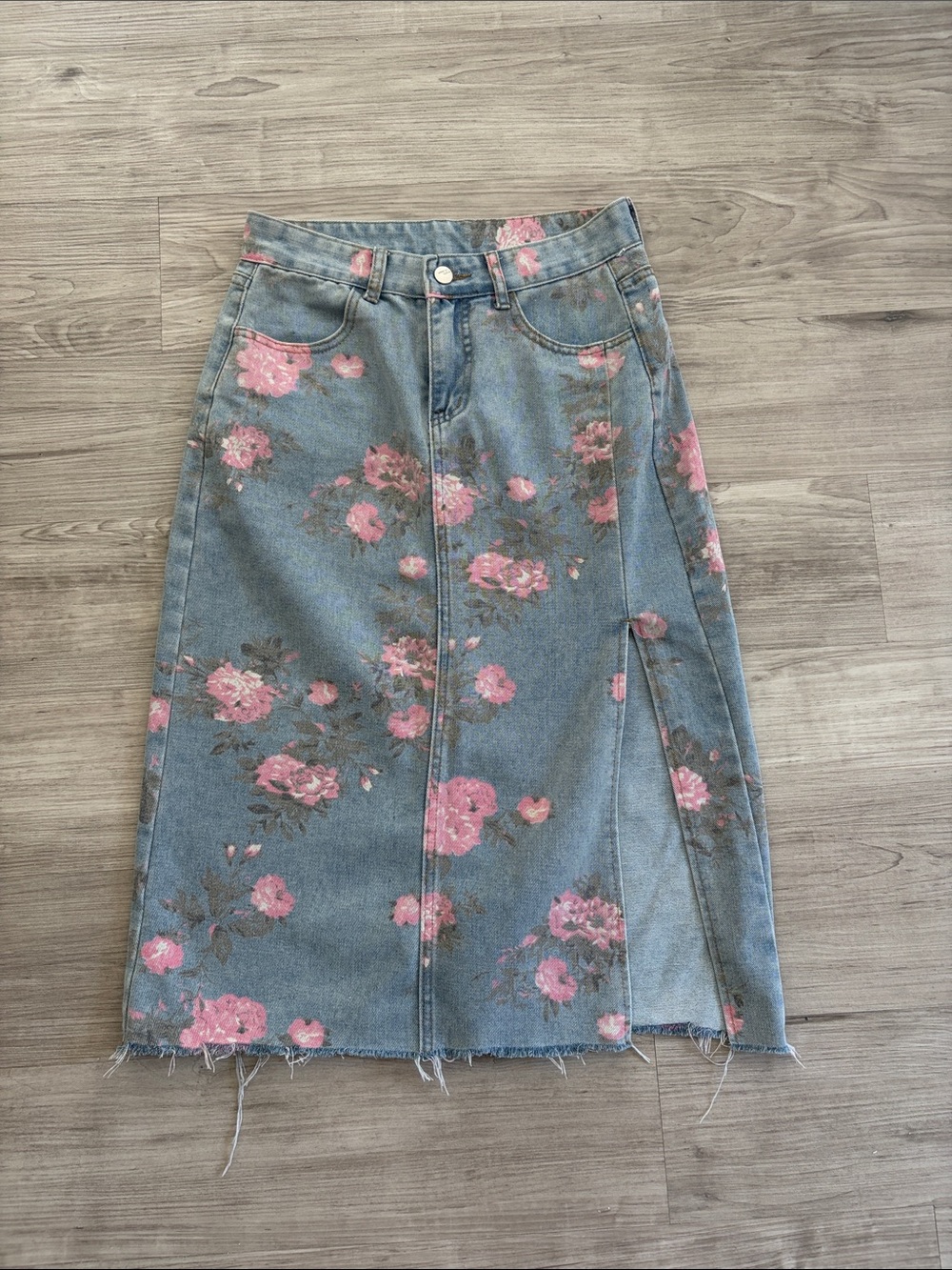 Floral Denim Midi Skirt - Pink Floral on Blue Denim